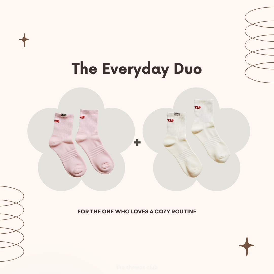 Butter and Flour everyday crew socks gift set in cream and pink with red lettering