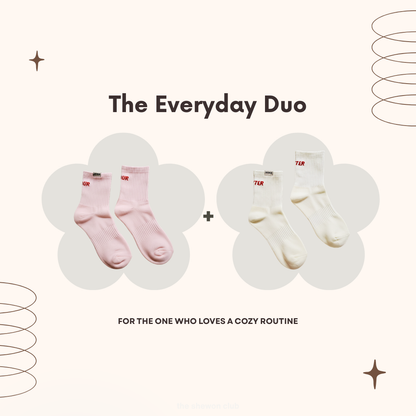 Butter and Flour everyday crew socks gift set in cream and pink with red lettering