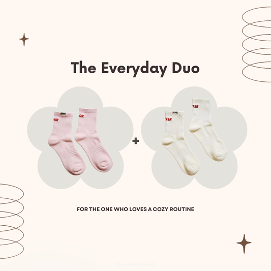 Butter and Flour everyday crew socks gift set in cream and pink with red lettering