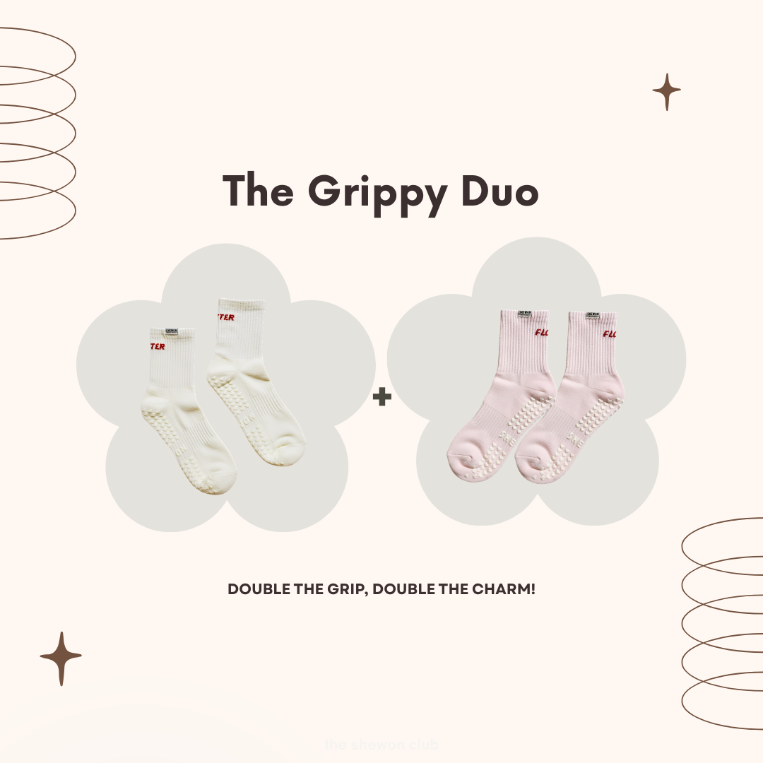 Butter and Flour Pilates grip socks duo in cream and pink with red lettering
