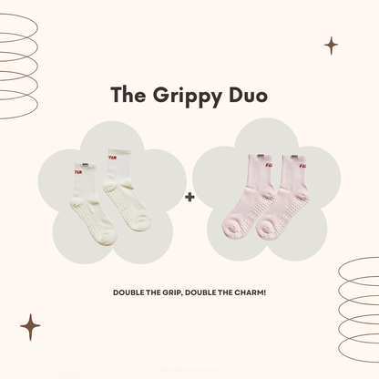 Butter and Flour Pilates grip socks duo in cream and pink with red lettering