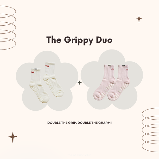 Butter and Flour Pilates grip socks duo in cream and pink with red lettering